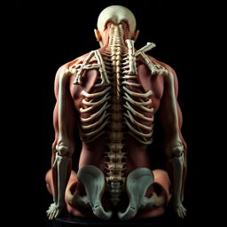 A dark-themed image of a skinless human body seated with its back towards the camera