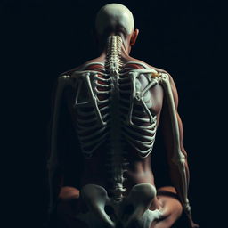 A dark-themed image of a skinless human body seated with its back towards the camera
