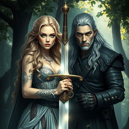 A beautiful blonde woman standing next to a serious-looking white man with long black curly hair, both holding a gleaming sword