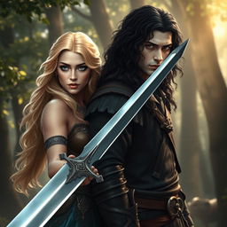 A beautiful blonde woman standing next to a serious-looking white man with long black curly hair, both holding a gleaming sword