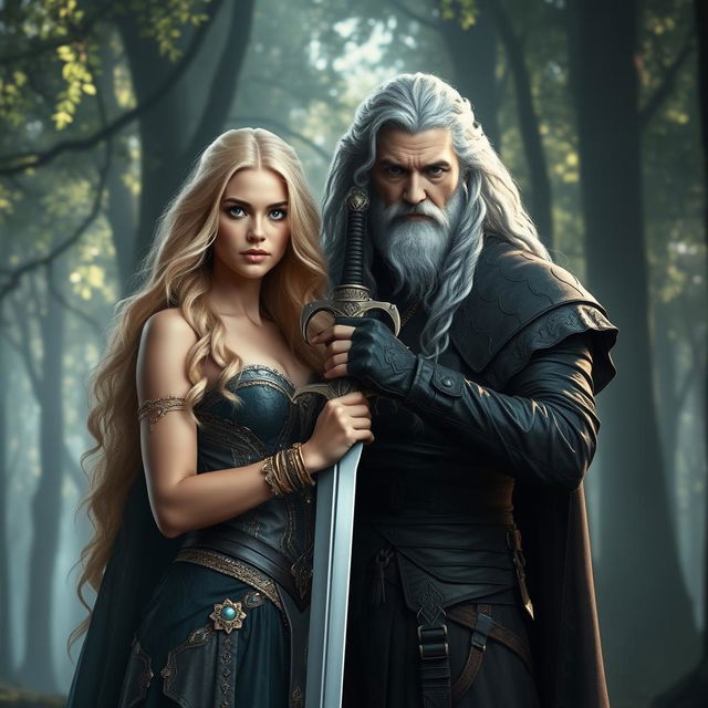 A beautiful blonde woman standing next to a serious-looking white man with long black curly hair, both holding a gleaming sword