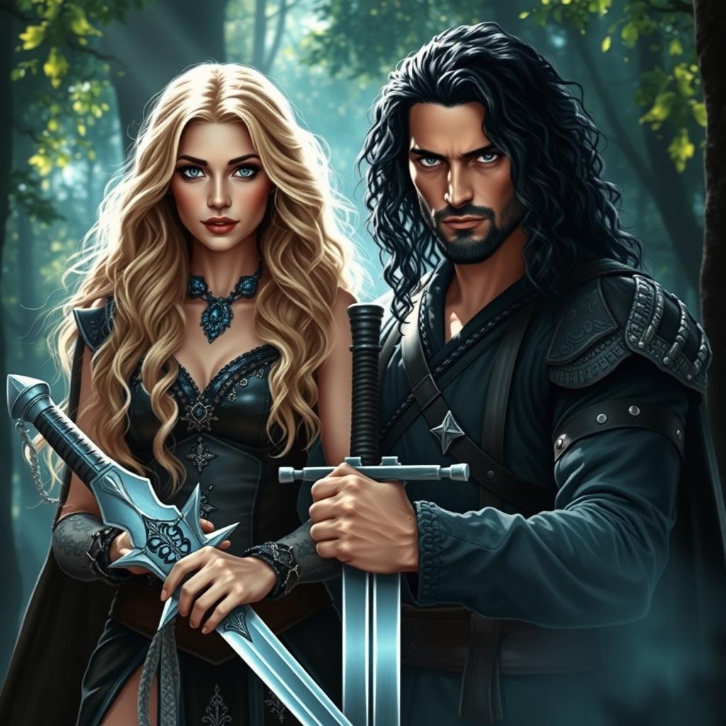 A beautiful blonde woman standing next to a serious-looking white man with long black curly hair, both holding a gleaming sword