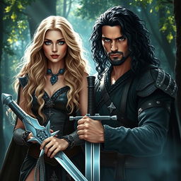 A beautiful blonde woman standing next to a serious-looking white man with long black curly hair, both holding a gleaming sword