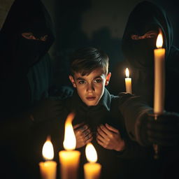 A dramatic scene depicting a tense hostage situation, where a group of shadowy robbers holds a teenage boy captive, surrounded by dim candlelight