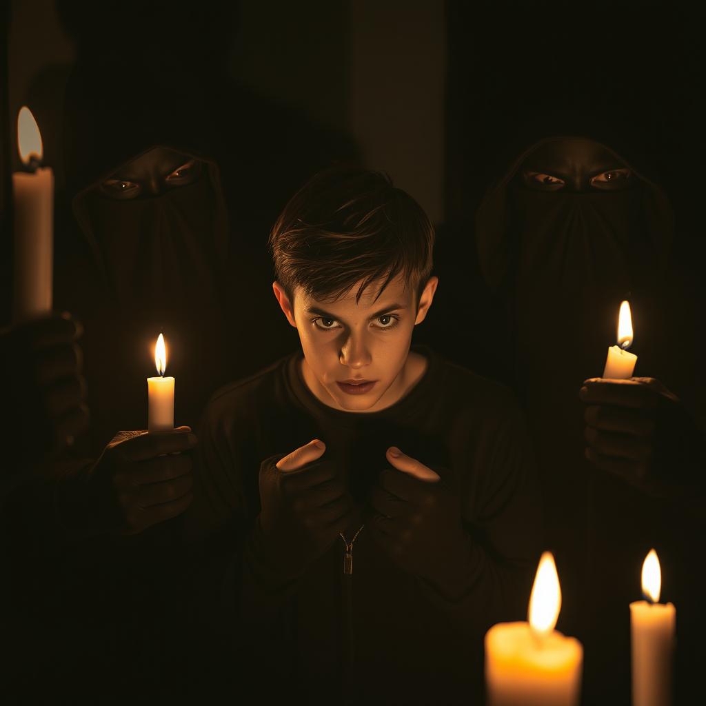 A dramatic scene depicting a tense hostage situation, where a group of shadowy robbers holds a teenage boy captive, surrounded by dim candlelight