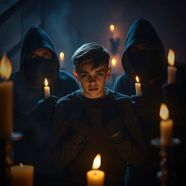 A dramatic scene depicting a tense hostage situation, where a group of shadowy robbers holds a teenage boy captive, surrounded by dim candlelight