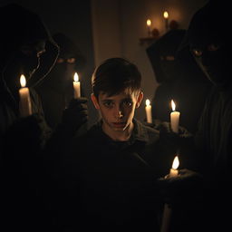 A dramatic scene depicting a tense hostage situation, where a group of shadowy robbers holds a teenage boy captive, surrounded by dim candlelight