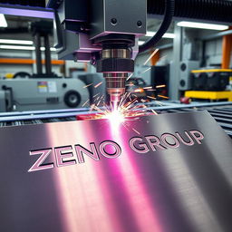 A high-tech laser engraving machine operating in a modern workshop, showcasing the process of engraving the name 'ZENO GROUP' onto a sleek metal surface