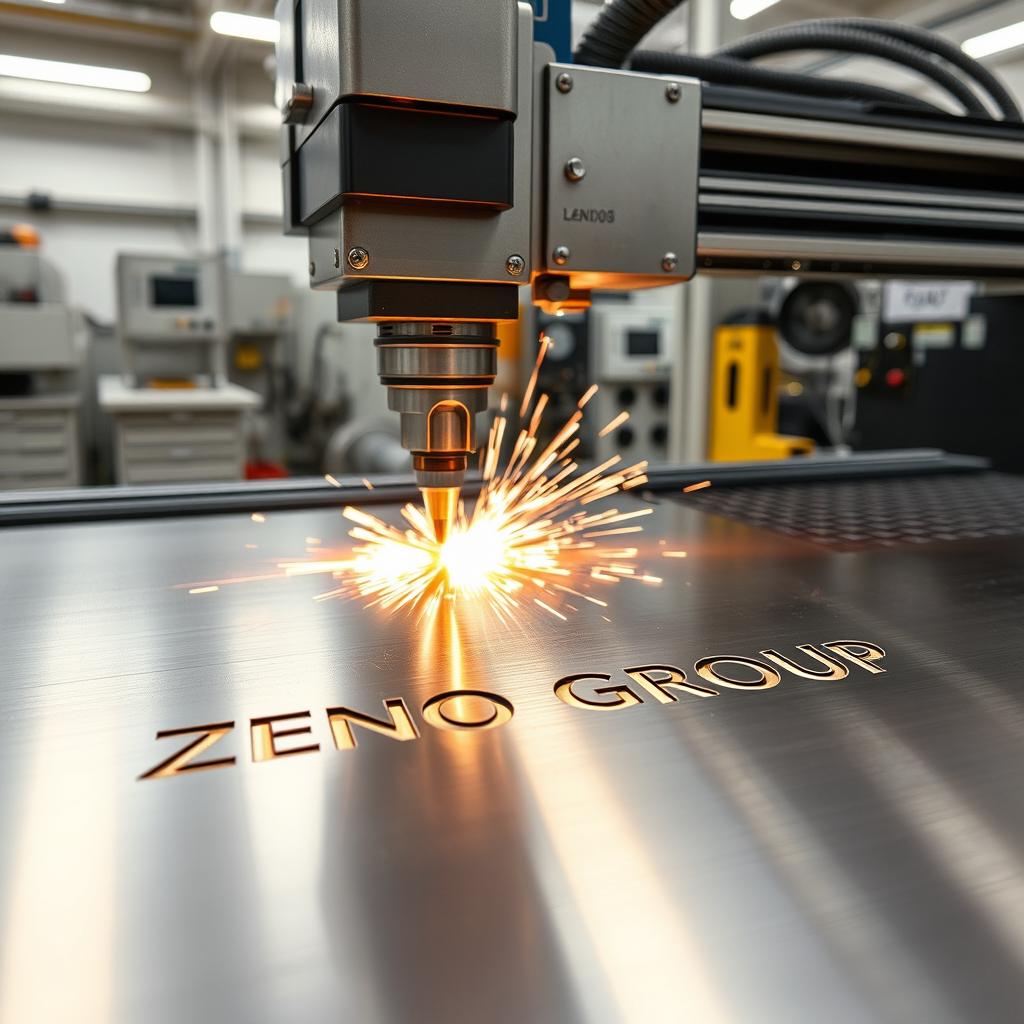 A high-tech laser engraving machine operating in a modern workshop, showcasing the process of engraving the name 'ZENO GROUP' onto a sleek metal surface