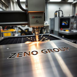 A high-tech laser engraving machine operating in a modern workshop, showcasing the process of engraving the name 'ZENO GROUP' onto a sleek metal surface