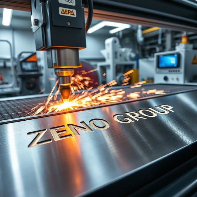 A high-tech laser engraving machine operating in a modern workshop, showcasing the process of engraving the name 'ZENO GROUP' onto a sleek metal surface