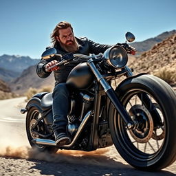 A fierce, muscular man riding a powerful motorcycle through a rugged terrain