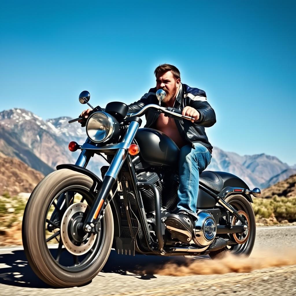 A fierce, muscular man riding a powerful motorcycle through a rugged terrain