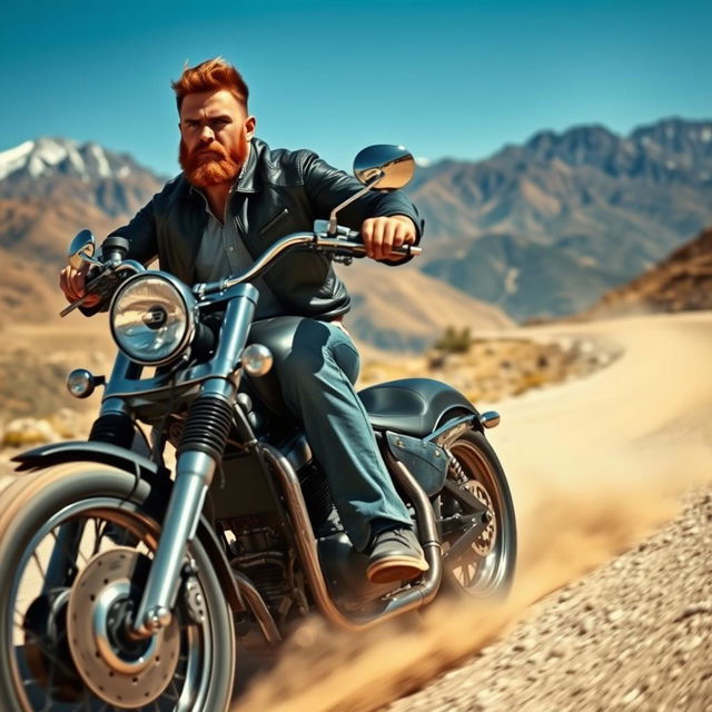 A fierce, muscular man riding a powerful motorcycle through a rugged terrain