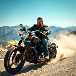 A fierce, muscular man riding a powerful motorcycle through a rugged terrain