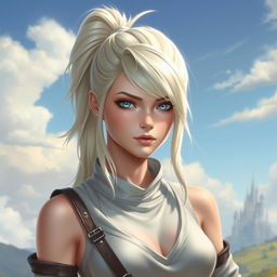 A female paladin with platinum blonde hair styled in a high ponytail, featuring elegant side strands