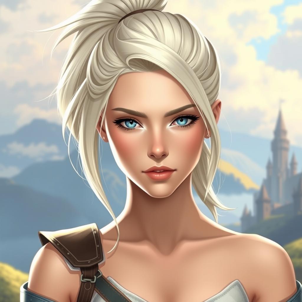A female paladin with platinum blonde hair styled in a high ponytail, featuring elegant side strands