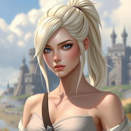 A female paladin with platinum blonde hair styled in a high ponytail, featuring elegant side strands