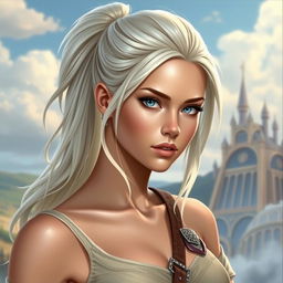 A female paladin with platinum blonde hair styled in a high ponytail, featuring elegant side strands