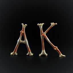 An artistic representation of the English letters 'A' and 'K' designed using intricate structures of bones, joints, and muscles