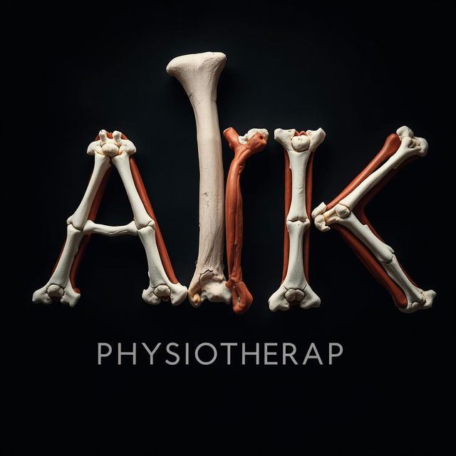 An artistic representation of the English letters 'A' and 'K' designed using intricate structures of bones, joints, and muscles