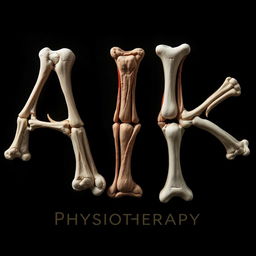 An artistic representation of the English letters 'A' and 'K' designed using intricate structures of bones, joints, and muscles