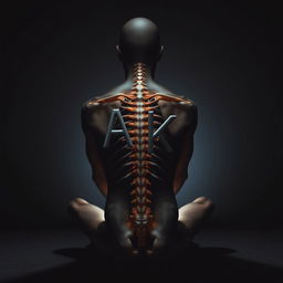 A dark-themed image of a skinless human body seated with its back facing the camera