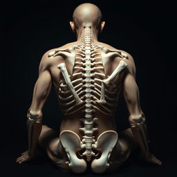 A dark-themed image of a skinless human body seated with its back facing the camera