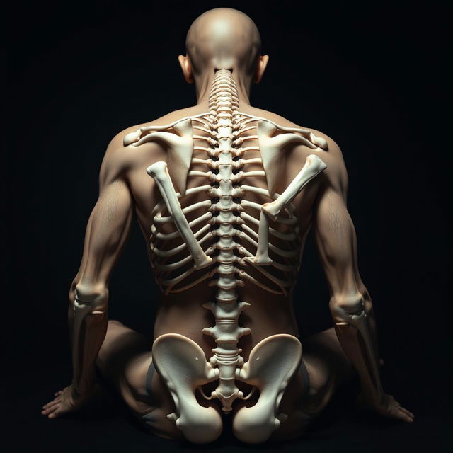 A dark-themed image of a skinless human body seated with its back facing the camera