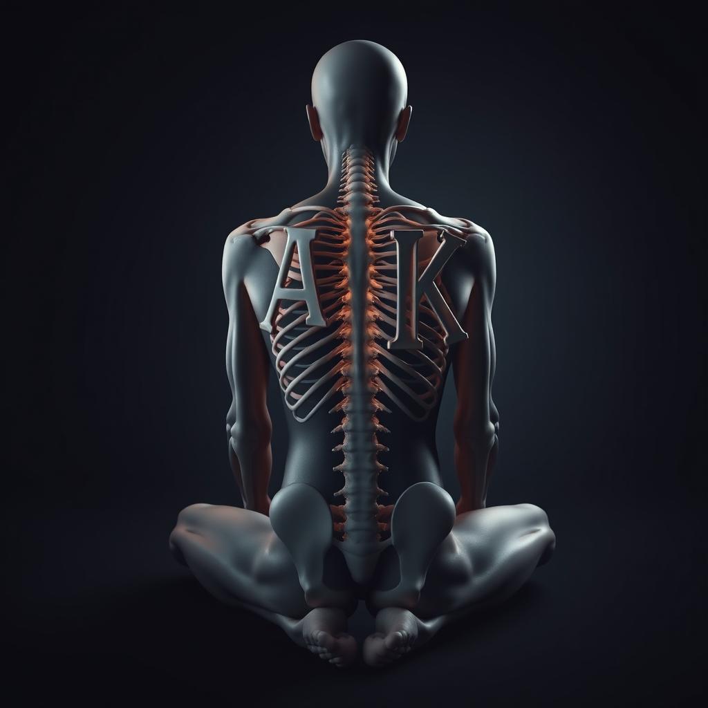 A dark-themed image of a skinless human body seated with its back facing the camera