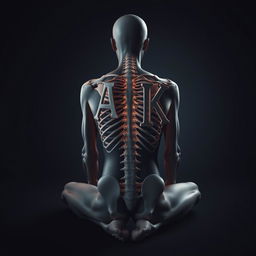 A dark-themed image of a skinless human body seated with its back facing the camera