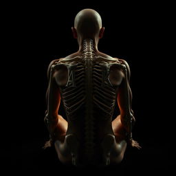 A dark-themed image of a skinless human body seated with its back facing the camera