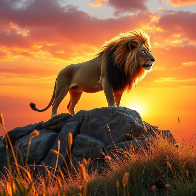 A majestic lion standing atop a rocky cliff, bathed in the golden light of sunset