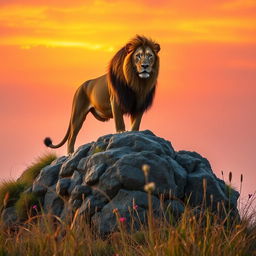 A majestic lion standing atop a rocky cliff, bathed in the golden light of sunset