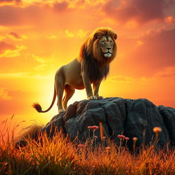 A majestic lion standing atop a rocky cliff, bathed in the golden light of sunset