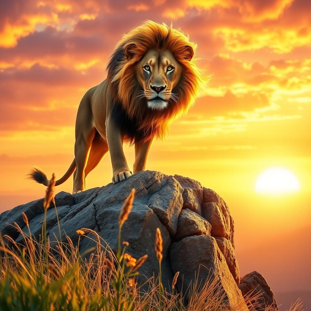 A majestic lion standing atop a rocky cliff, bathed in the golden light of sunset