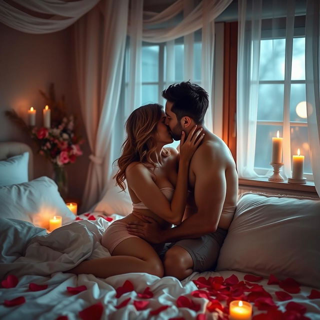 A sensual and intimate scene between a couple in a softly lit bedroom, surrounded by romantic decorations like candles and rose petals