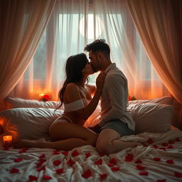A sensual and intimate scene between a couple in a softly lit bedroom, surrounded by romantic decorations like candles and rose petals