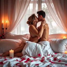 A sensual and intimate scene between a couple in a softly lit bedroom, surrounded by romantic decorations like candles and rose petals