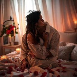 A romantic and intimate scene between a couple in a beautifully decorated bedroom