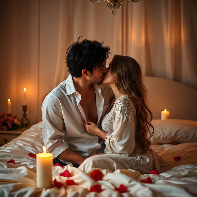 A romantic and intimate scene between a couple in a beautifully decorated bedroom