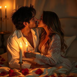 A romantic and intimate scene between a couple in a beautifully decorated bedroom