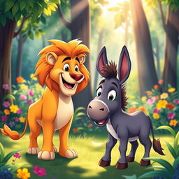 A vibrant cartoon-style image of a lion and a donkey having a conversation in a lush green forest