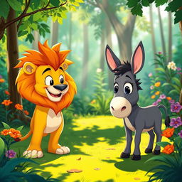 A vibrant cartoon-style image of a lion and a donkey having a conversation in a lush green forest