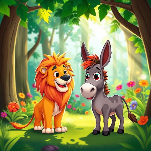 A vibrant cartoon-style image of a lion and a donkey having a conversation in a lush green forest