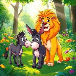 A vibrant cartoon-style image of a lion and a donkey having a conversation in a lush green forest