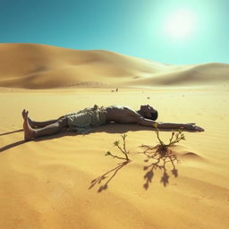 A thin man lying lifeless in a vast, sun-bleached desert landscape