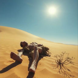 A thin man lying lifeless in a vast, sun-bleached desert landscape