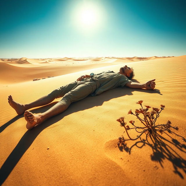 A thin man lying lifeless in a vast, sun-bleached desert landscape