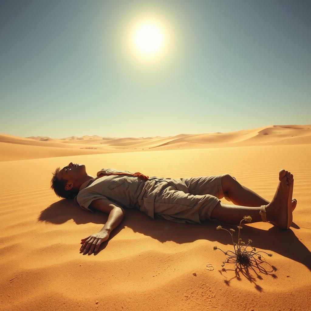 A thin man lying lifeless in a vast, sun-bleached desert landscape